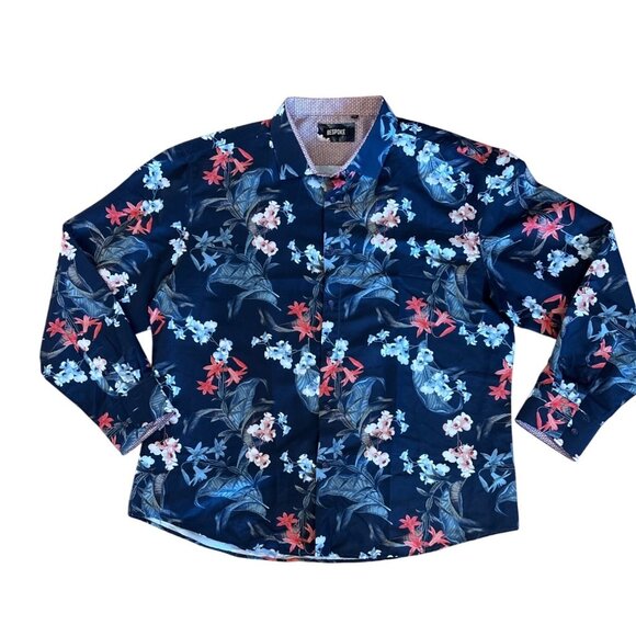 Bespoke Shirt Mens Floral Long Sleeve Navy Red White 4XL Flip Cuff Hawaiian - Picture 1 of 11